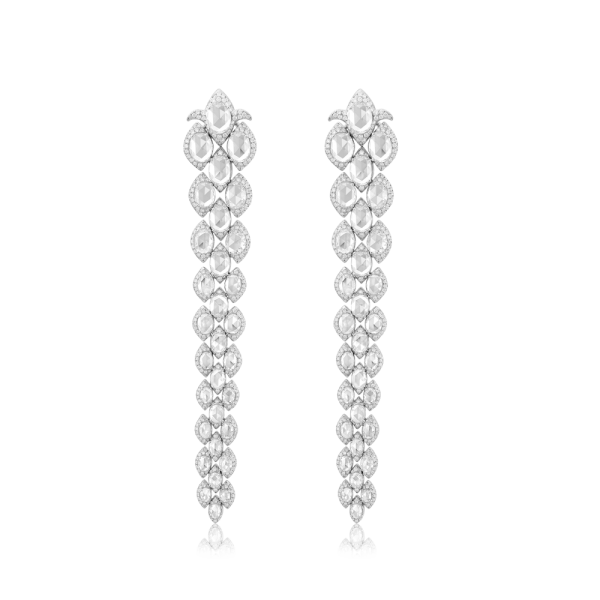 Contemporary Rose Cut Diamond Drop Earrings; set with rose-cut diamonds and round brilliant-cut diamonds in a tiered design, 17.20 carat total. Handcrafted from lightly hammered 18ct white gold