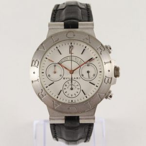 Bvlgari Diagono 18ct White Gold 40mm Automatic Chronograph Watch; white dial, on a black leather strap with white gold fold-over clasp, comes with Bulgari box