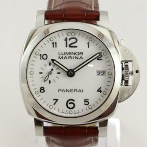 Panerai Luminor Marina Limited Edition 42mm Steel Automatic Watch; white dial, small seconds, date indicator, jumping hours and sapphire crystal, display back, on a Panerai brown leather strap with steel buckle, with Panerai box and papers, Circa 2015