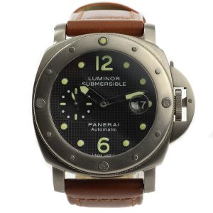 Panerai Luminor Submersible Titanium 45mm Automatic Watch, OP 6528, black dial, small seconds, magnified date indicator, uni-directional rotating bezel and sapphire crystal, on Panerai brown leather strap with pin buckle, with Panerai box and papers