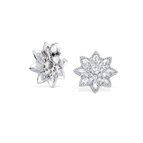 Rose Cut Diamond Daisy Flower Cluster Stud Earrings; set with 5.41 carats of round and pear-shaped rose-cut diamonds accented with round brilliant-cut diamonds