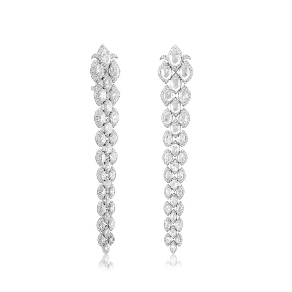 Contemporary Rose Cut Diamond Drop Earrings; set with rose-cut diamonds and round brilliant-cut diamonds in a tiered design, 17.20 carat total. Handcrafted from lightly hammered 18ct white gold