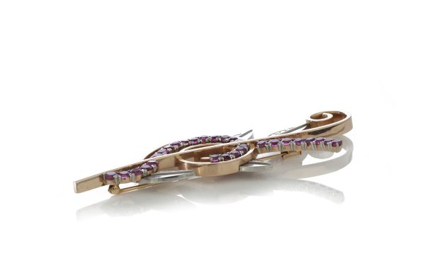 Tiffany and Co Vintage 1940s Ruby and Diamond Retro Floral Spray Brooch, in platinum and 14ct yellow gold