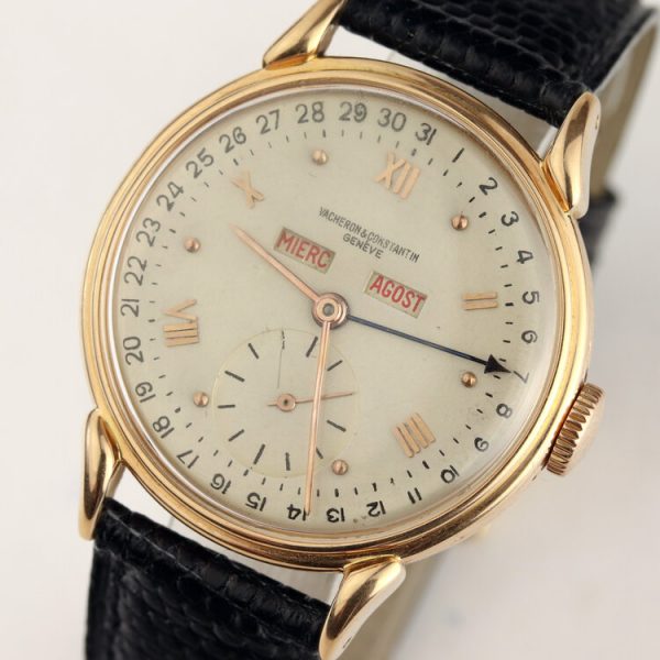 Vacheron Constantin Vintage 1950s Manual 18ct Yellow Gold 36mm Triple Calendar Wristwatch, silver dial, weekday, month and date indicators, small second subdial and acrylic crystal, on black lizard strap