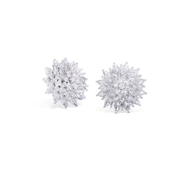 Rose Cut Diamond Dahlia Flower Cluster Earrings; studded with 2.93 carats of round and pear-shaped rose-cut diamonds, further embellished with 490 round brilliant diamonds