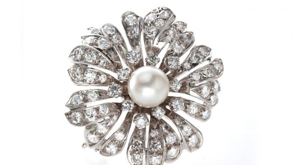 Vintage 1970s French Natural Pearl and Diamond Flower Brooch; natural freshwater pearl surrounded by 2.40cts brilliant-cut diamonds