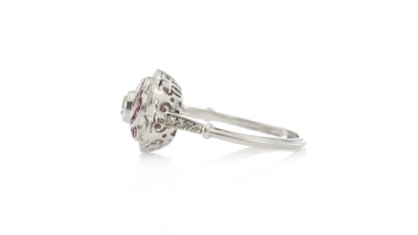 Vintage Diamond, Ruby and Platinum Rose Flower Cluster Ring; Art Deco inspired diamond and ruby ring crafted from platinum, Circa 1980s