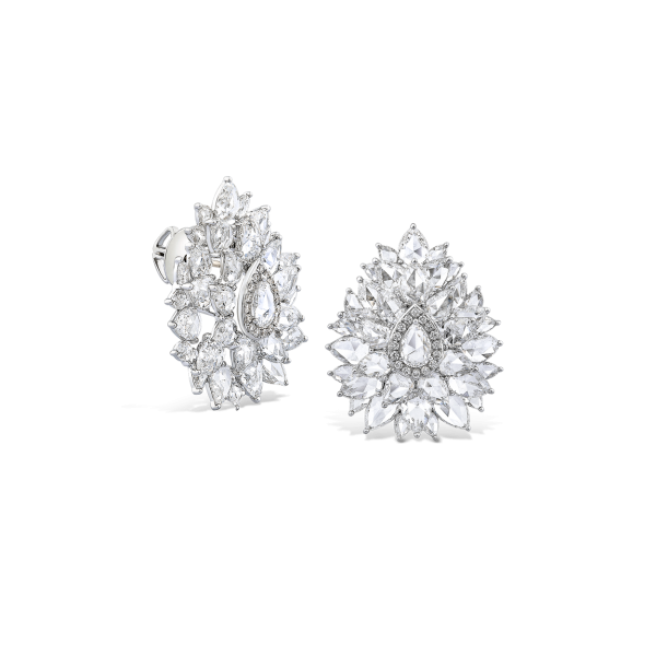 Rose Cut Diamond Cluster Earrings; set with pear-shaped rose-cut diamonds and round brilliant-cut diamonds, 14.28 carat total, E/F colour VS/VVS clarity