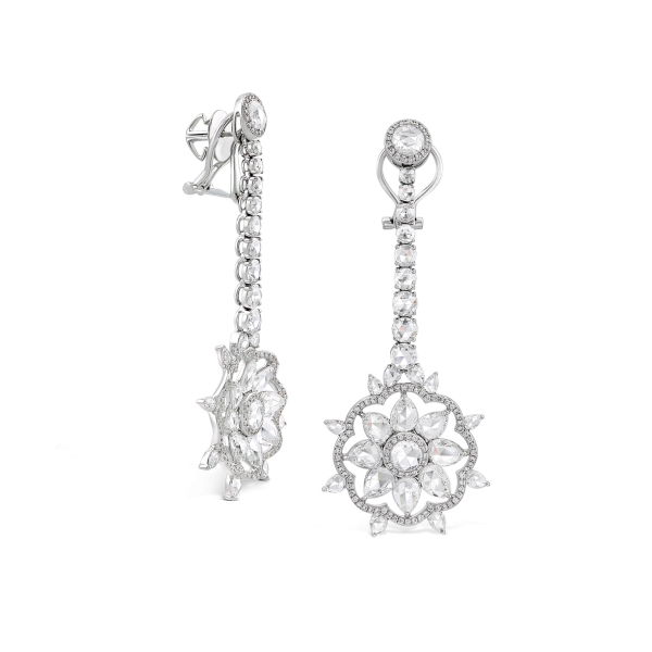 Rose Cut Diamond Cluster Drop Earrings; 12.42 carats, featuring floral clusters suspended from graduating diamond drops, set with 12.42cts round and pear-shaped rose-cut diamonds, accented with numerous round brilliant-cut diamonds