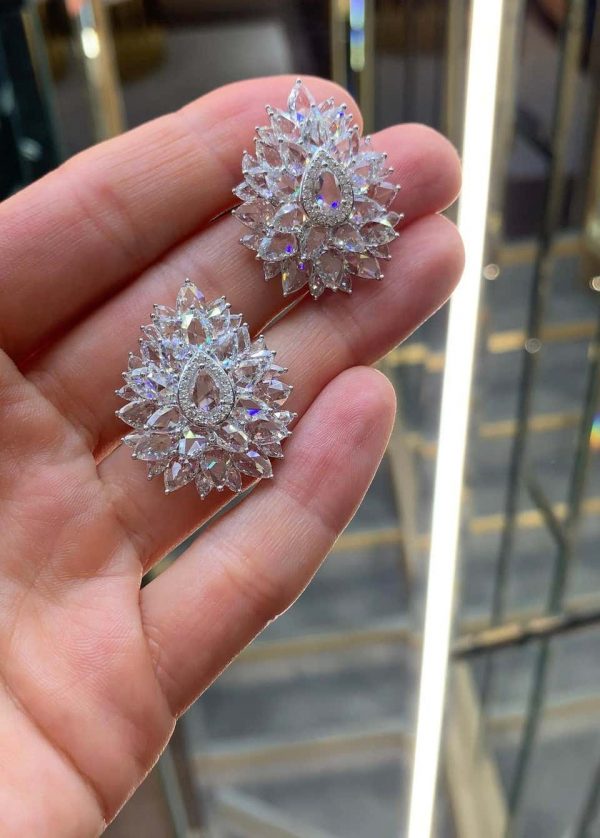 Rose Cut Diamond Cluster Earrings, 14.28 carats