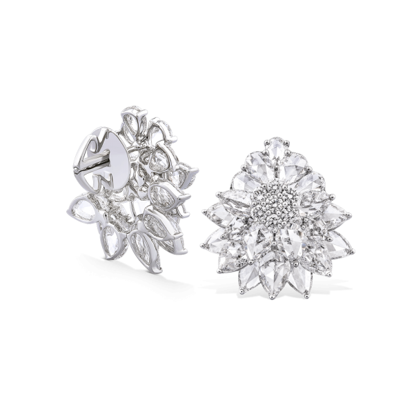 Rose Cut Diamond Floral Cluster Stud Earrings; set with pear shaped rose-cut diamonds and round brilliant cut diamonds, 8.21 carat total, F/G colour VS clarity