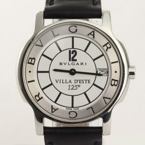 Bvlgari Solotempo 125 Villa D'este 35mm Steel Quartz Watch; white dial, date indicator and sapphire crystal, on Bulgari black leather strap with steel pin buckle