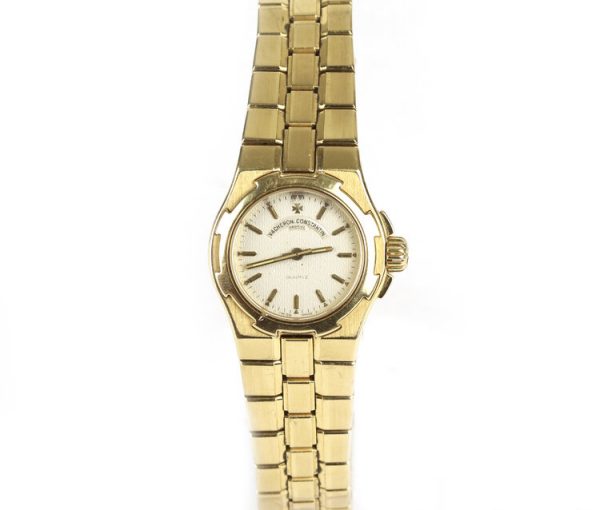 Vacheron Constantin Overseas Ladies 18ct Yellow Gold 24mm Quartz Bracelet Watch; Ref 16050/423J, silver dial with gold baton hour markers, 18ct yellow gold strap with a double deployment strap and additional safety clip