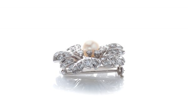 Vintage 1970s French Natural Freshwater Pearl and Diamond Flower Brooch, in 18ct white gold