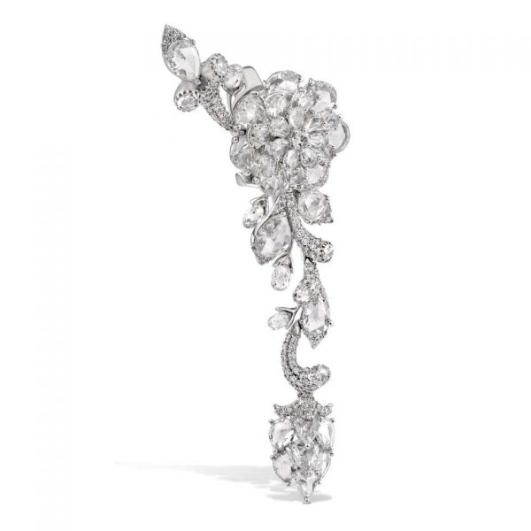 Rose Cut Diamond Floral Cluster Drop Earrings; set with pear-shaped rose-cut, briolette-cut and round brilliant-cut diamonds, 13.43 carat total
