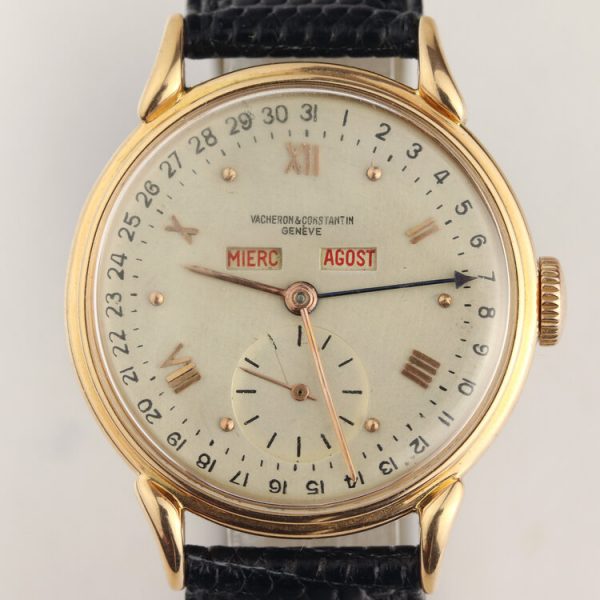 Vacheron Constantin Vintage 1950s Manual 18ct Yellow Gold 36mm Triple Calendar Wristwatch, silver dial, weekday, month and date indicators, small second subdial and acrylic crystal, on black lizard strap