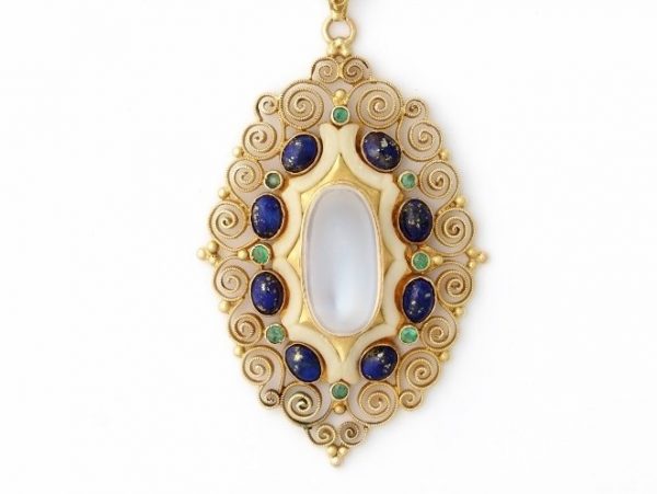 Antique Art Nouveau Moonstone Emerald Lapis Lazuli Pendant Necklace
