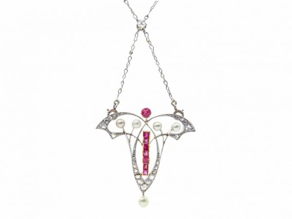 Antique Belle Epoque Ruby Pearl Diamond Pendant Necklace