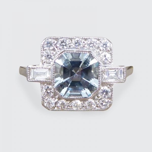 Art Deco Style 0.80ct Aquamarine and Diamond Cluster Ring