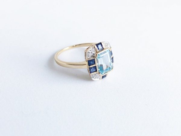 Art Deco Style Blue Topaz Sapphire Diamond Ring