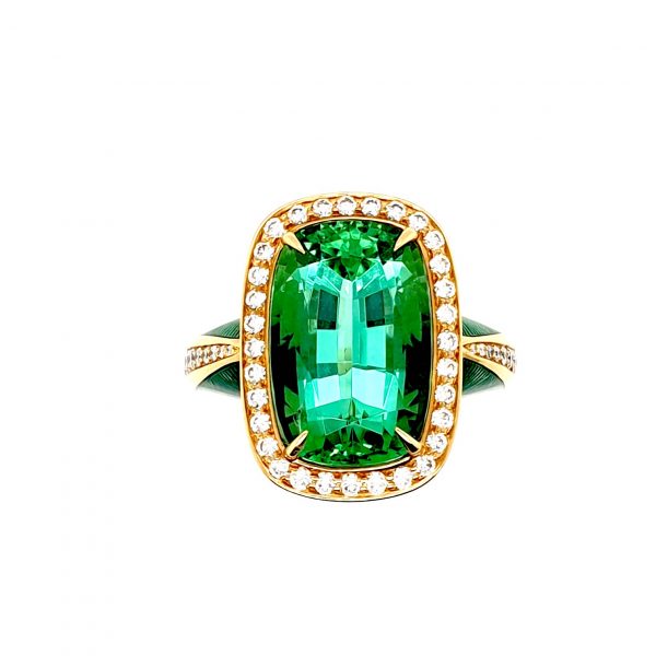 Green Tourmaline Diamond and Enamel Ring