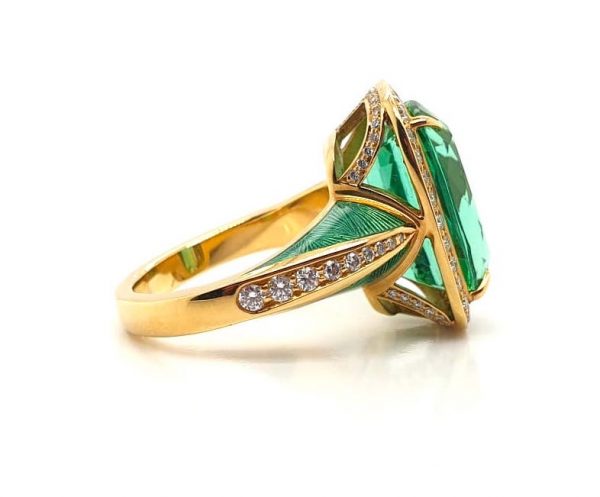 Green Tourmaline Diamond and Enamel Ring