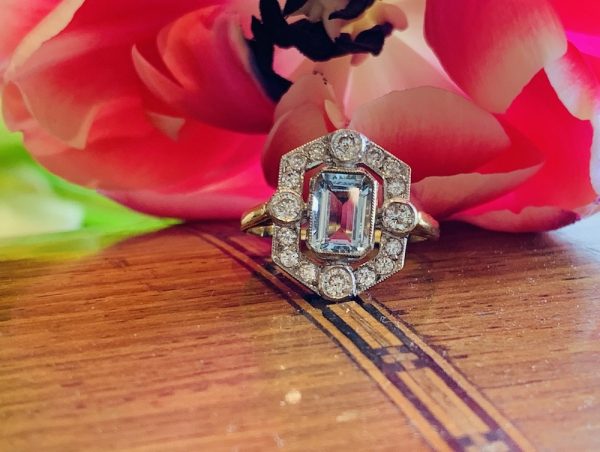 Vintage aquamarine ring, diamond cluster Art Deco