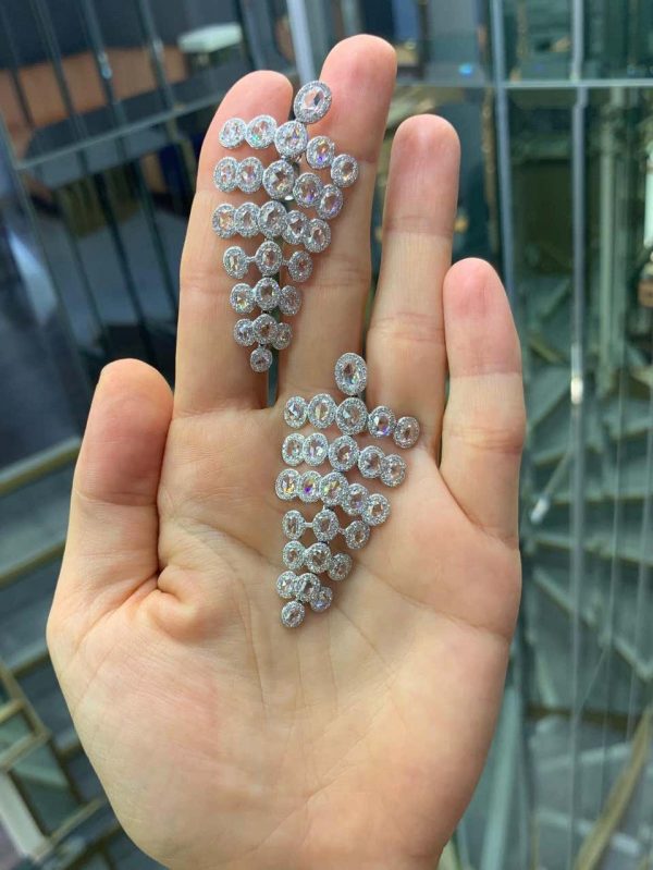 Rose Cut Diamond Chandelier Drop Earrings, 9.27 carats