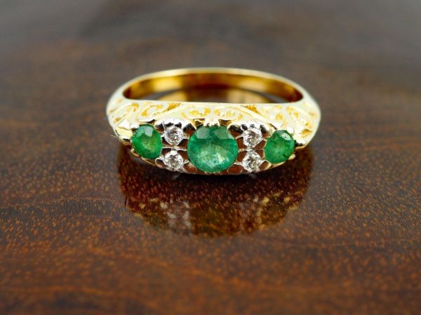 Victorian Style Emerald and Diamond Carved Half Hoop Ring