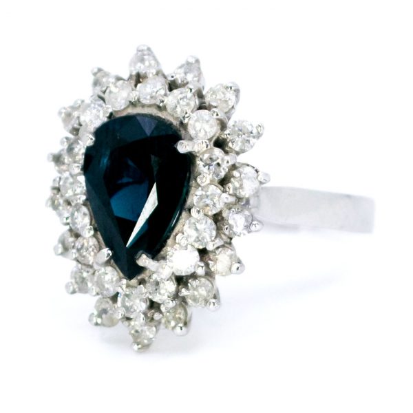 Vintage 2ct Sapphire and Diamond Pear Shaped Cluster Ring