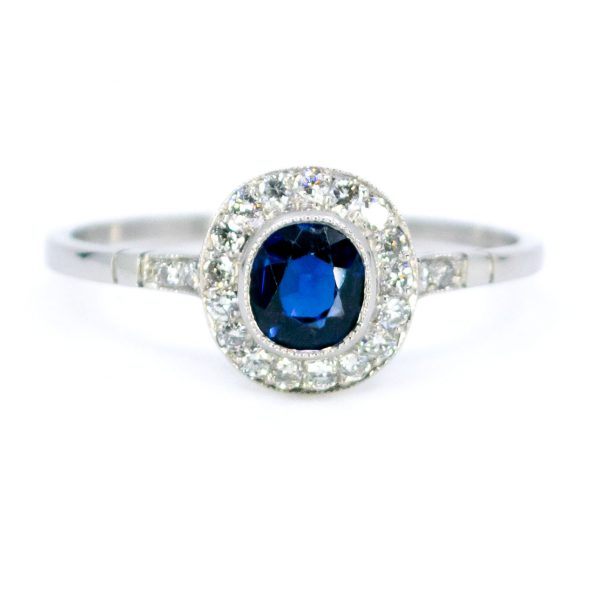 Vintage Sapphire and Diamond Cluster Platinum Ring