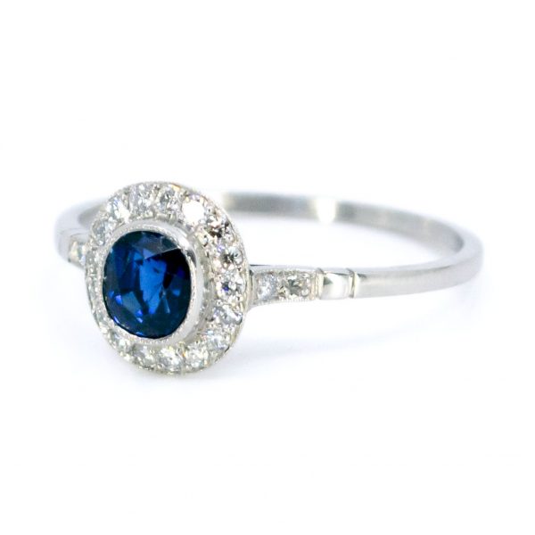 Vintage Sapphire and Diamond Cluster Platinum Ring