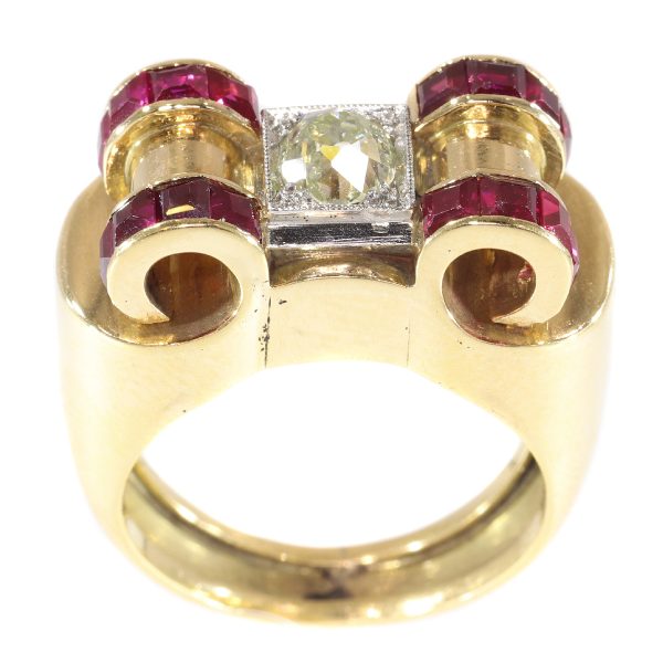 Impressive Retro Ring with Big Old Brilliant Cut Diamond and Carre Rubies