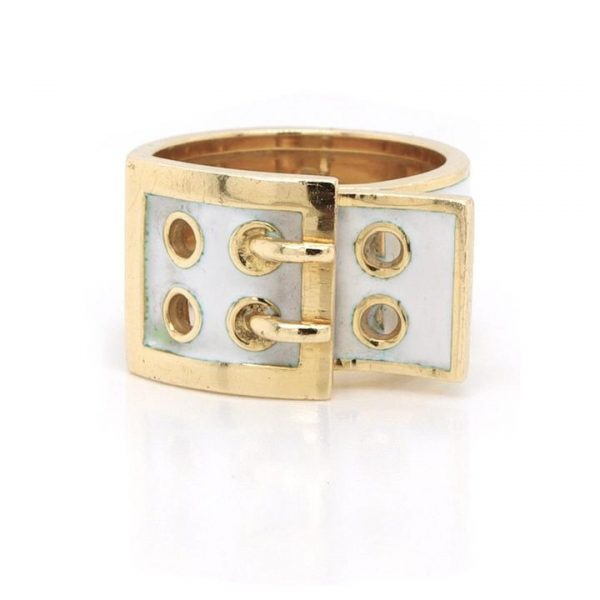 Vintage Kutchinsky White Enamel and 18ct Yellow Gold Buckle Ring; 18ct gold ring in the design of a buckle, with white enamel detailing. Circa 1970s.