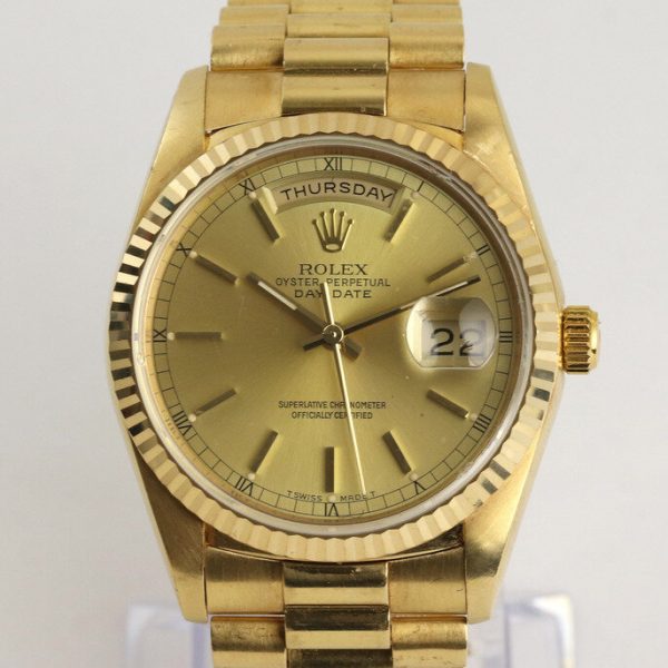 Vintage Rolex Day Date President 18238 18ct Yellow Gold 36mm Automatic Watch; gold-colour dial, weekday and date functions and sapphire crystal, 18ct yellow gold President bracelet with 18ct Crownclasp, with Rolex box, Circa 1990s