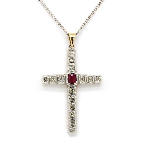 Old Cut Diamond and Ruby Cross Pendant, in 18ct gold
