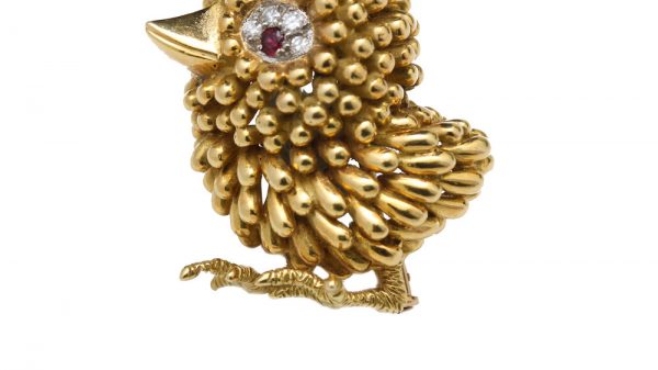 Vintage French 18ct Yellow Gold Bird Brooch; unique textured feather design, set with ruby and diamonds for the eye. Circa 1940s-1950s