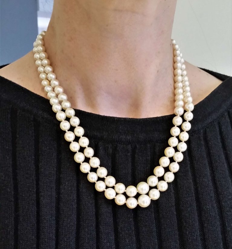 Vintage Akoya Pearl Two Row Necklace with Diamond Clasp, Circa 1940s