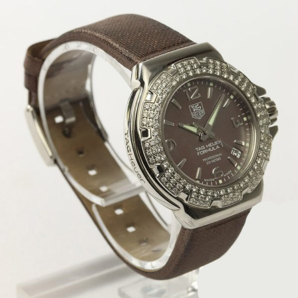 Tag Heuer Formula 1 Ladies Sparkling Diamond Bezel Mother of Pearl Dial 36mm Quartz Watch; Ref. WAC1217, on a TAG Heuer brown satin/leather strap with Tag Heuer buckle