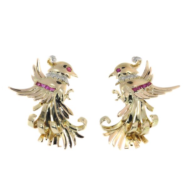Vintage Retro Gold and Diamond Bird Clip Earrings
