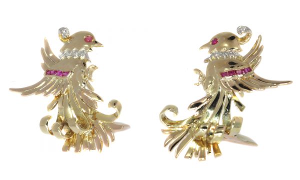 Vintage Retro Gold and Diamond Bird Clip Earrings