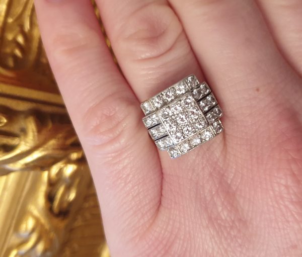 Art Deco diamond ring, large cocktail ring platinum square rectangular