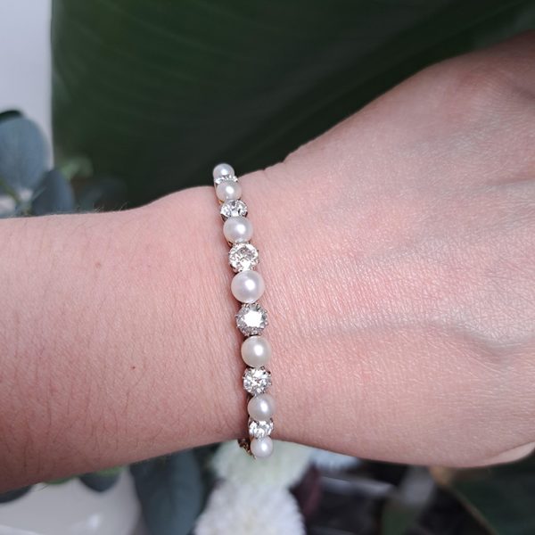 Edwardian Antique Natural Pearl and Diamond Bangle in Platinum and 18ct Yellow Gold