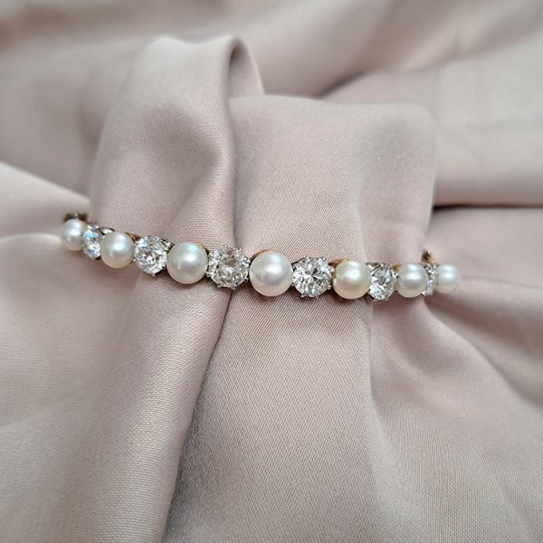 Edwardian Antique Natural Pearl and Diamond Bangle in Platinum and 18ct Yellow Gold