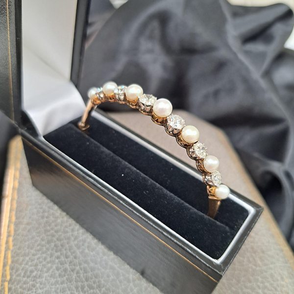 Edwardian Antique Natural Pearl and Diamond Bangle in Platinum and 18ct Yellow Gold