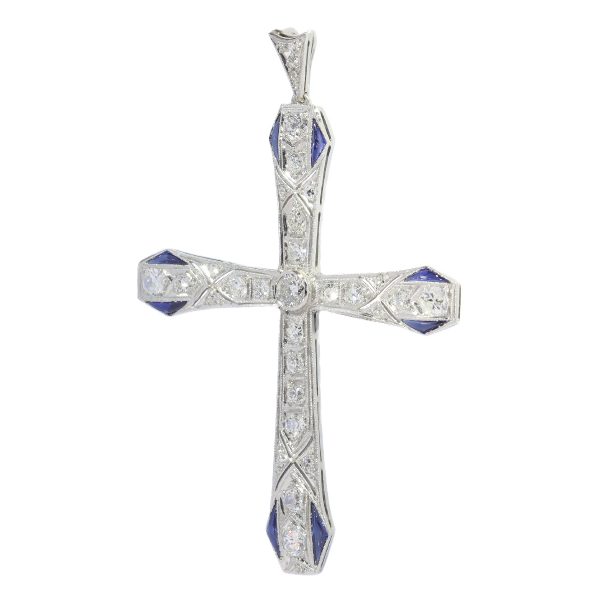 Vintage Art Deco Platinum Diamond and Sapphire Cross Pendant