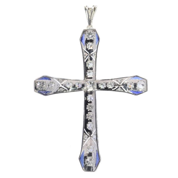 Vintage Art Deco Platinum Diamond and Sapphire Cross Pendant
