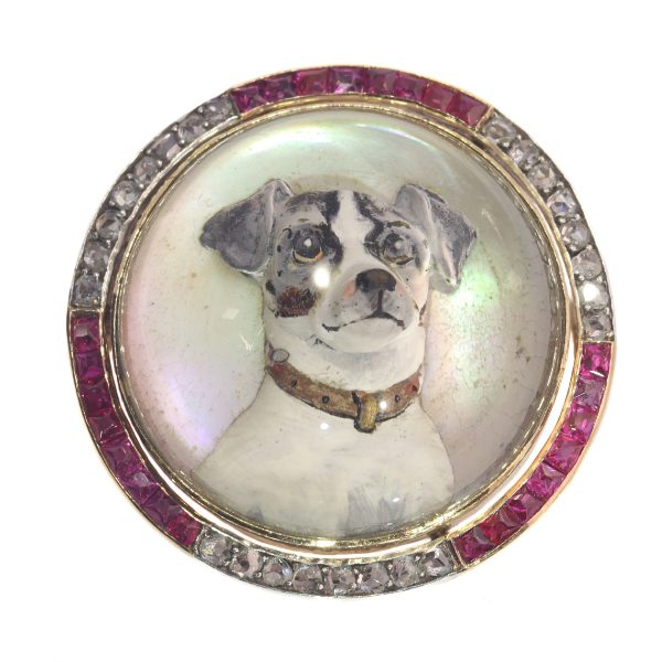 Antique Art Deco Gold Diamond Reverse Intaglio Jack Russel Terrier Brooch
