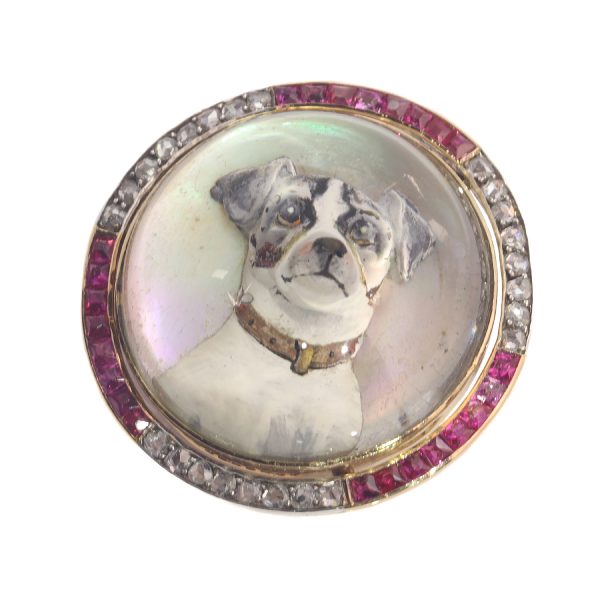 Antique Art Deco Gold Diamond Reverse Intaglio Jack Russel Terrier Brooch