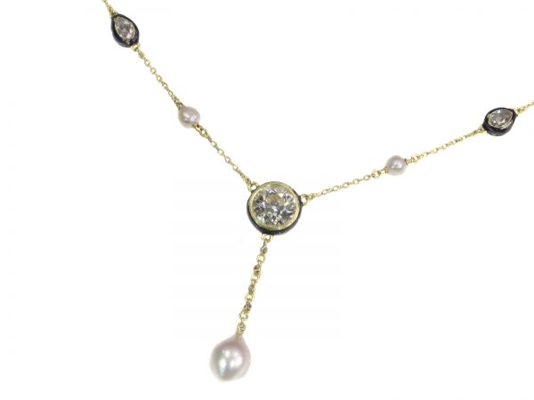antique Victorian large diamond and large natural pearl necklace